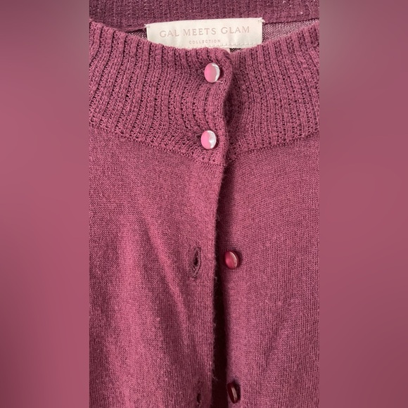 Gal Meets Glam Tamara Puff Sleeve Button Front Cardigan in Napa Grape - Picture 3 of 5